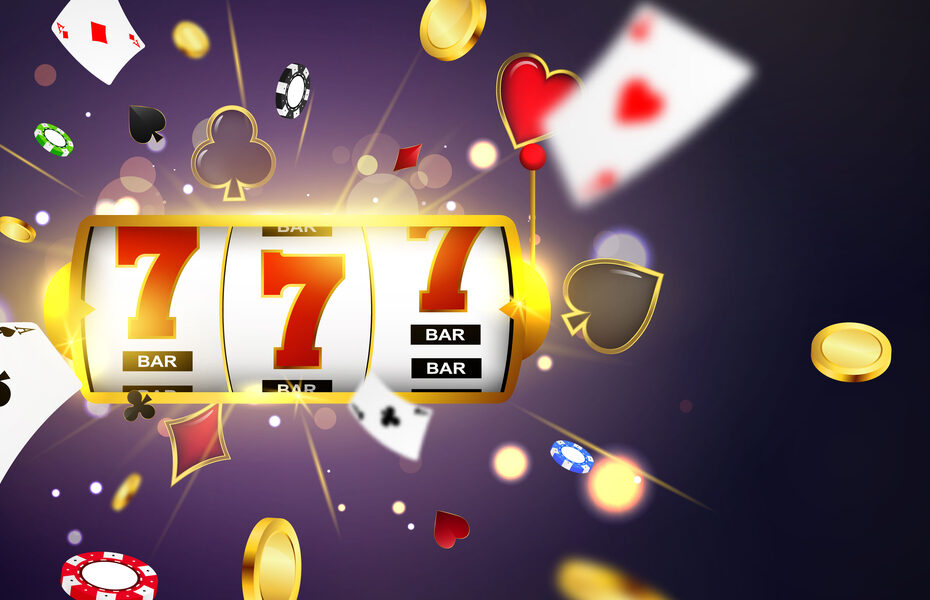 Online casino. Smartphone or mobile phone, slot machine, casino chips flying realistic tokens for gambling, cash for roulette or poker,